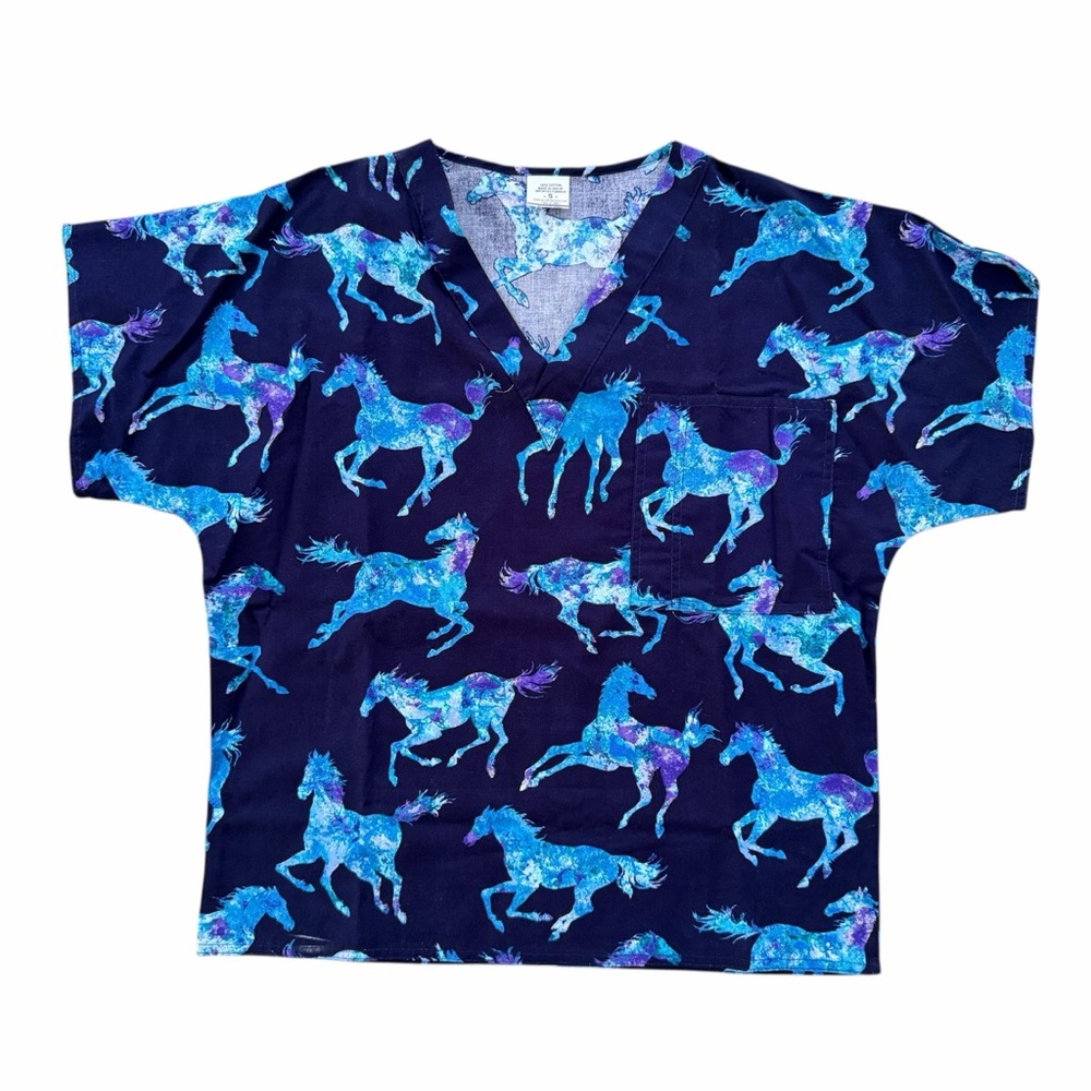 Scrub Factory Blue Galloping Horses Print Scrub Top Medical Uniform Unisex Small